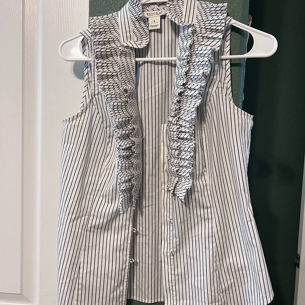White House Black Market Black and White Striped Ruffle Blouse